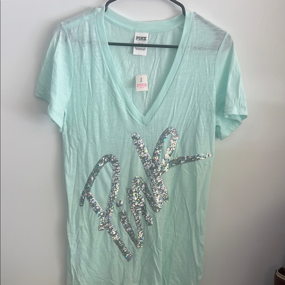 PINK Victoria's Secret Green Sequin Short Sleeve Tee